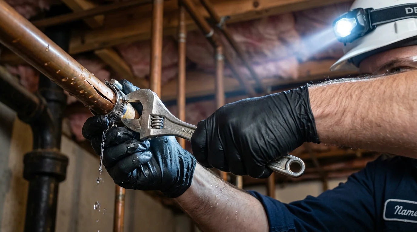 Emergency pipe clamp repair being performed by a Johns Plumbing LLC plumber in Clear Lake