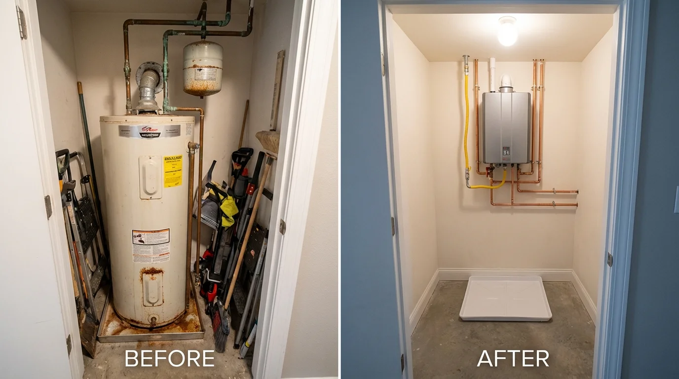 Tank water heater versus wall-mounted tankless unit comparison for Clear Lake, IA homeowners