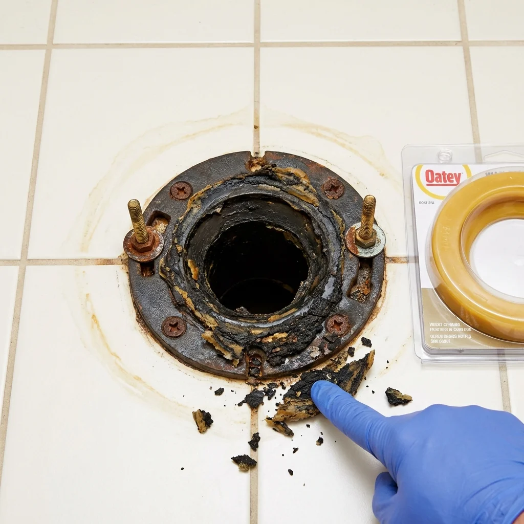Failed wax ring showing water seepage at the base of a toilet in a Clear Lake, IA home