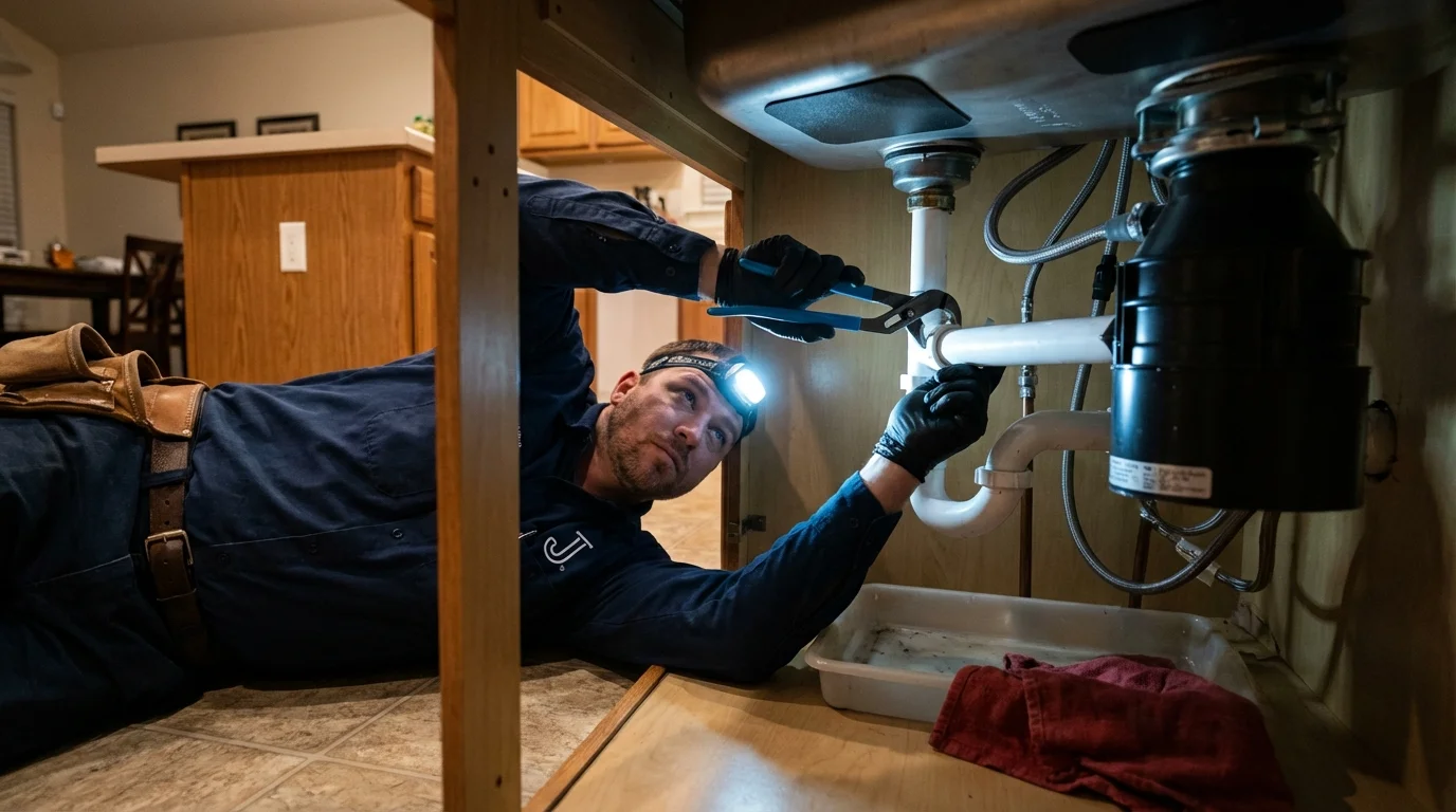 P-trap and supply line connections under a kitchen sink showing a common leak point in Clear Lake, IA